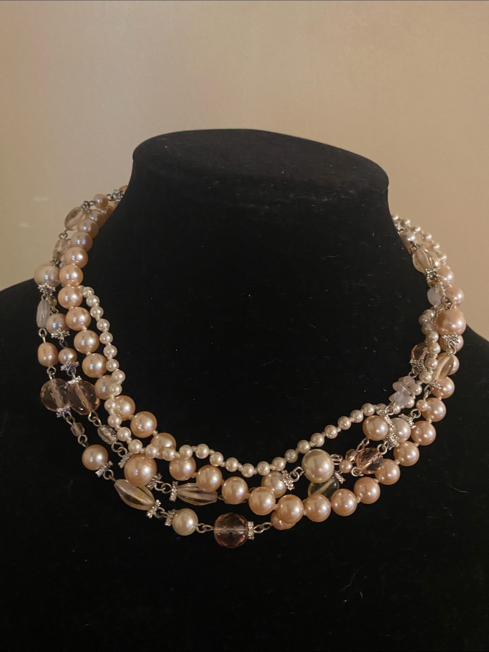 Multi-Strand Blush Faux Pearl Rhinestone Beaded Multi-Strand Necklace